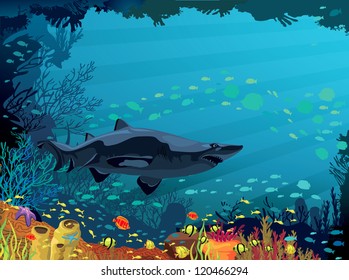 Colored coral reef with shark and silhouette of fish on blue sea background