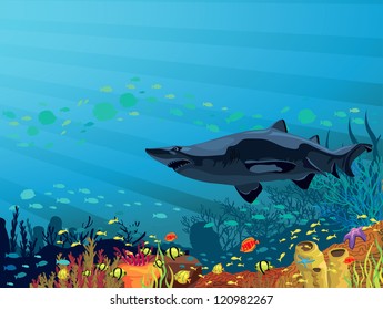 Colored coral reef with shark and silhouette of fish on blue sea background