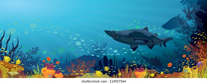 Colored coral reef with sharks and silhouette of fish on blue sea background