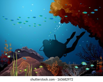 Colored coral reef with silhouette of diver in a blue sea. Underwater vector.