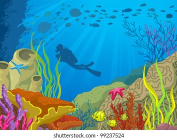 Colored coral reef and silhouette of diver on blue sea background