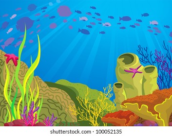 Colored coral reef and silhouette school of fish on blue sea background