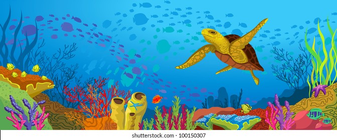 Colored coral reef with silhouette school of fish and yellow turtle on blue sea background