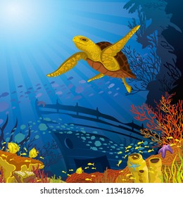 Colored coral reef with silhouette school of fish and yellow turtle on blue sea background