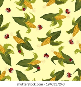 Colored corn in a seamless pattern.Ladybugs and corn on a colored background in a vector pattern.