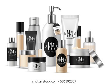 Colored cosmetic template composition for business presentation and with label with brand vector illustration