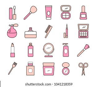 Colored cosmetics and beauty linear style icons set.  Different skin care objects collection. Vector illustration