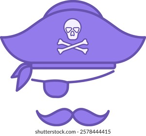 Colored Costume Icon. Vector Icon. Pirate Hat with Skull and Crossbones. Eyepatch and Mustache. Party Wear. Brazilian Carnival Concept