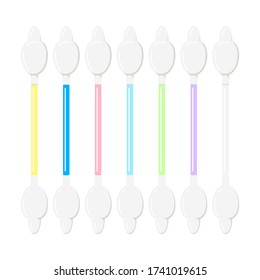 Colored cotton baby buds icon set isolated on white background. White soft cotton swabs with limiter for ear cleaning ang hygiene vector illustration. Medical plastic sticks signs.