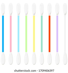 Colored cotton buds icon set isolated on white background. White soft cotton swabs for make up, cosmetics, ear cleaning vector illustration. Medical plastic sticks signs.