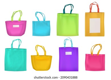 Colored cotton eco bags, fabric tote different shapes. Vector realistic mockup of textile reusable ecobags for shopping and beach with handles and blank labels isolated on white background