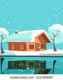 Colored country house on lake. Facade of building is reflected in mirror surface of water. Flat cartoon vector illustration of winter suburb landskape with private house, snowy trees. One-story house.
