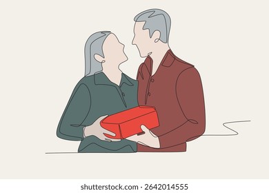 Colored couple giving gifts. Couple Anniversaries concept one-line drawing