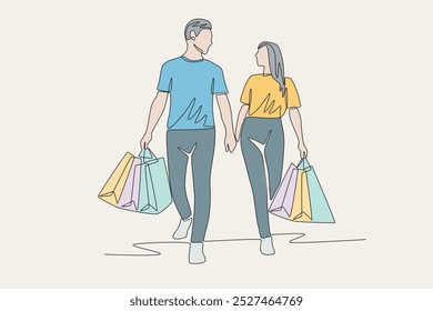 Colored couple shopping using shopping bags. Couple shopping concept one-line drawing