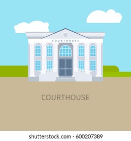 Colored courthouse building with sky and clouds, vector illustration
