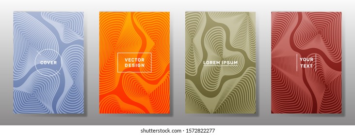 Colored cover templates set. Fluid curve shapes geometric lines patterns. Halftone backgrounds for notepads, notice paper covers. Line stripes graphics, title elements. Annual report covers.