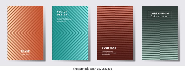 Colored cover templates set. Geometric lines patterns with edges, angles. Geometric backgrounds for cataloges, corporate brochures. Line shapes patterns, header elements. Cover page layouts set.