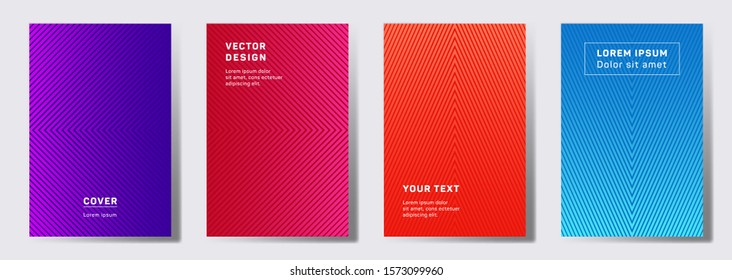 Colored cover templates set. Geometric lines patterns with edges, angles. Gradient backgrounds for notepads, notice paper covers. Line shapes patterns, header elements. Cover page templates.