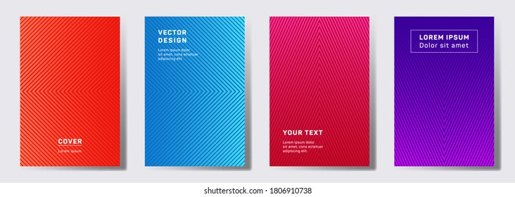 Colored cover templates set. Geometric lines patterns with edges, angles. Digital backgrounds for notepads, notice paper covers. Lines texture, header title elements. Cover page layouts set.