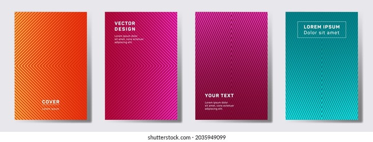 Conjunto de plantillas de portada de color. Patrones de líneas geométricas con bordes, ángulos. Fondos de degradado para notas, cubiertas de papel de aviso. Textura de líneas, elementos de título de encabezado. Diseños de portada definidos.