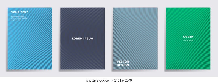Colored cover templates set. Radial semicircle geometric lines patterns. Abstract poster, flyer, banner vector backgrounds. Line stripes graphics, title elements. Cover page templates.