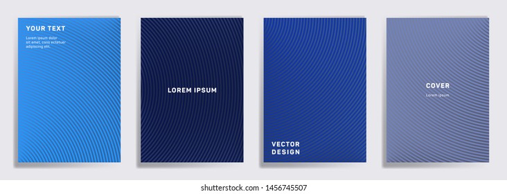 Colored cover templates set. Radial semicircle geometric lines patterns. Cool backgrounds for catalogues, business magazine. Line stripes graphics, title elements. Annual report covers.