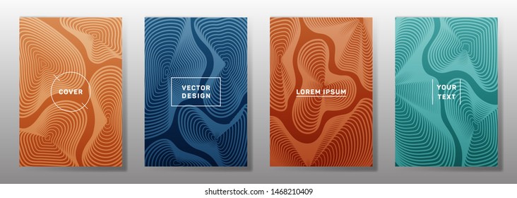 Colored covers linear design. Fluid curve shapes geometric lines patterns. Modern backgrounds for catalogues, business magazine. Lines texture, header title elements. Cover page templates.