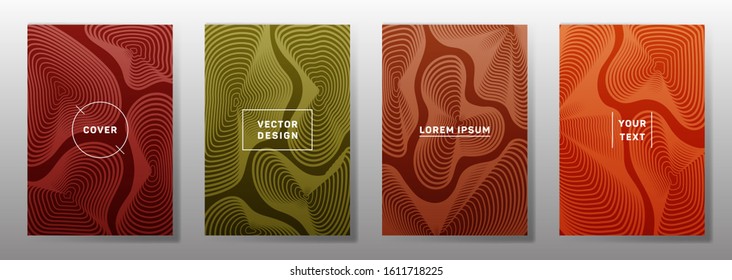 Colored covers linear design. Fluid curve shapes geometric lines patterns. Gradient poster, flyer, banner vector backgrounds. Lines texture, header title elements. Cover page layouts set.