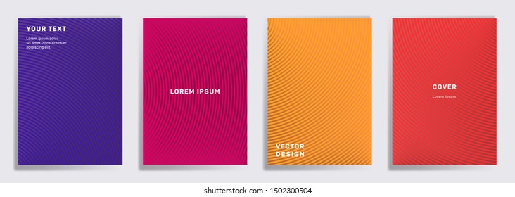 Colored covers linear design. Radial semicircle geometric lines patterns. Cool backgrounds for notepads, notice paper covers. Line stripes graphics, title elements. Cover page layouts set.