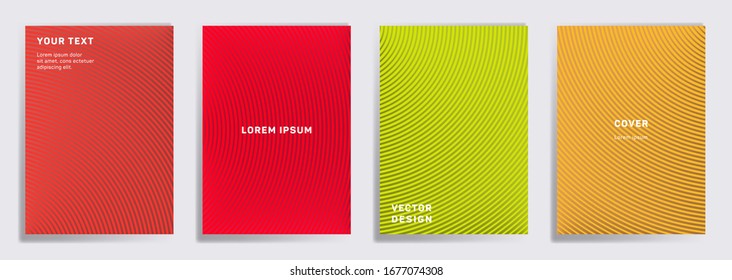 Colored covers linear design. Radial semicircle geometric lines patterns. Digital poster, flyer, banner vector backgrounds. Line stripes graphics, title elements. Cover page layouts set.