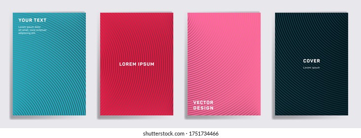 Colored covers linear design. Radial semicircle geometric lines patterns. Abstract backgrounds for notepads, notice paper covers. Line stripes graphics, title elements. Annual report covers.