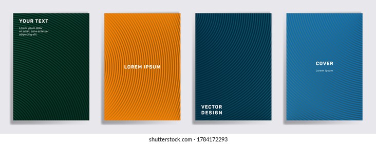 Colored covers linear design. Radial semicircle geometric lines patterns. Gradient poster, flyer, banner vector backgrounds. Lines texture, header title elements. Cover page layouts set.