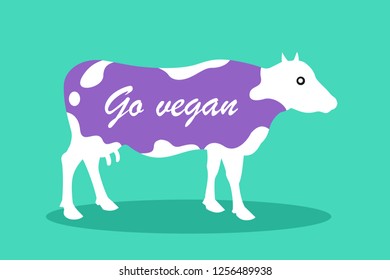 Colored cow, cattle and livestockis labeled by Go vegan text - veganism and appeal to not eat animals. Vector illustration