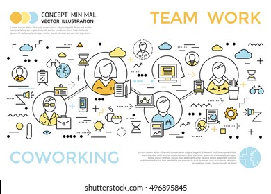 Colored coworking horizontal concept in linear style with title and descriptions about team work vector illustration