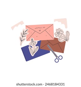 Colored craft envelopes with handcrafted flower stickers. Postal letters with handmade decoration. Paper mail, post correspondence. Postcrossing. Flat isolated vector illustration on white background