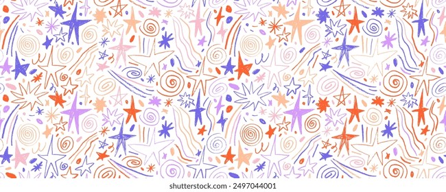 Colored crayon doodle stars, spirals and squiggles seamless pattern in kid's style. Hand drawn cosmic motif seamless banner. Childish style of meteoroid, comet and asteroid. Childish freehand drawing.