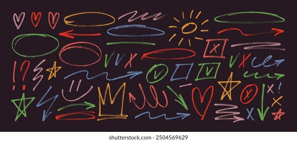 Colored crayon drawn doodle shapes, check marks, crown and arrows collection. Hand drawn oval shapes and scribble crayon. Punk girly style vector doodle icons set. Graphic elements for notes.
