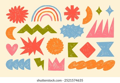 Formas y figuras geométricas de estilo funky dibujadas con crayón de colores. Doodle formas primitivas con textura de lápiz. Formas geométricas ingenuas dibujadas a mano como estrellas, arco iris, corazón, corona, nube y zigzag.