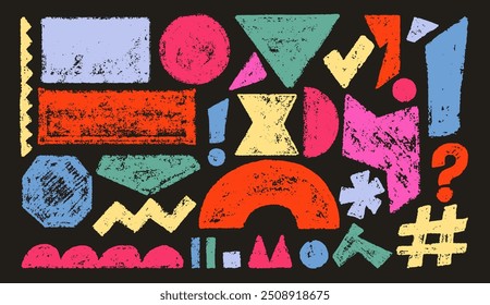 Formas de Vector básicas geométricas de crayón de colores, figuras extravagantes, doodle. Estilo de los niños del bosquejo, lápiz dibujado, textura de la tiza. Plantilla figuras geométricas como triángulo, rectángulo, cuadrado, nube, círculo, óvalo.