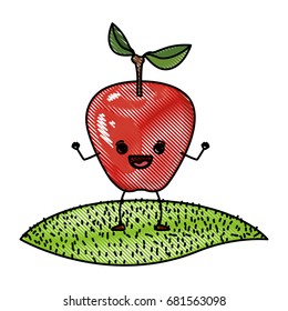 colored crayon silhouette of apple fruit caricature over grass vector illustration