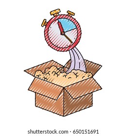 colored crayon silhouette of cardboard box and stopwatch vector illustration
