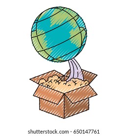 colored crayon silhouette of earth globe coming out of the box vector illustration