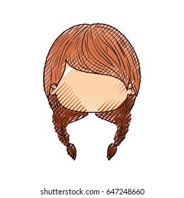 colored crayon silhouette of faceless head of little girl with two braids hairstyle vector illustration