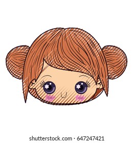 colored crayon silhouette of kawaii head cute little girl with collected hair vector illustration