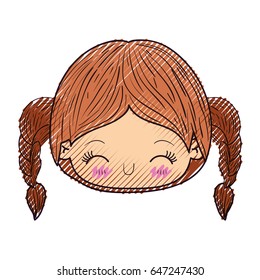 colored crayon silhouette of kawaii head little girl with braided hair and facial expression laughing vector illustration