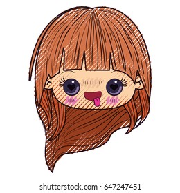 colored crayon silhouette of kawaii head little girl with long hair and facial expression enamored vector illustration