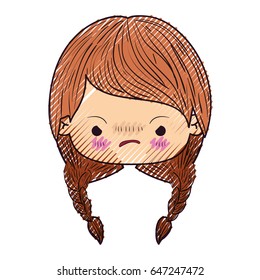 colored crayon silhouette of kawaii head little girl with braided hair and facial expression angry vector illustration