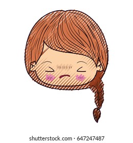 colored crayon silhouette of kawaii head little girl with braided hair and facial expression angry with closed eyes vector illustration