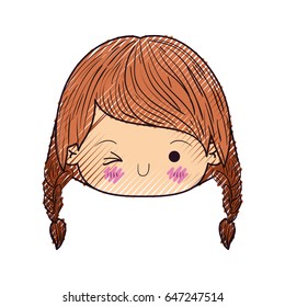 colored crayon silhouette of kawaii head little girl with braided hair and facial expression wink eye vector illustration