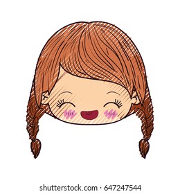 colored crayon silhouette of kawaii head little girl with braided hair and facial expression happiness with closed eyes vector illustration